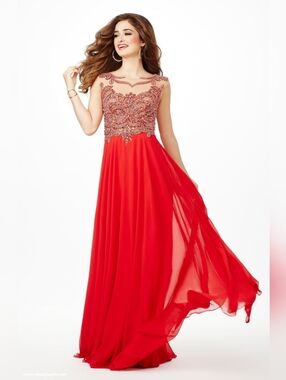 JOVANI ~ Red Chiffon Embellished Illusion Mesh A-Line Formal Gown